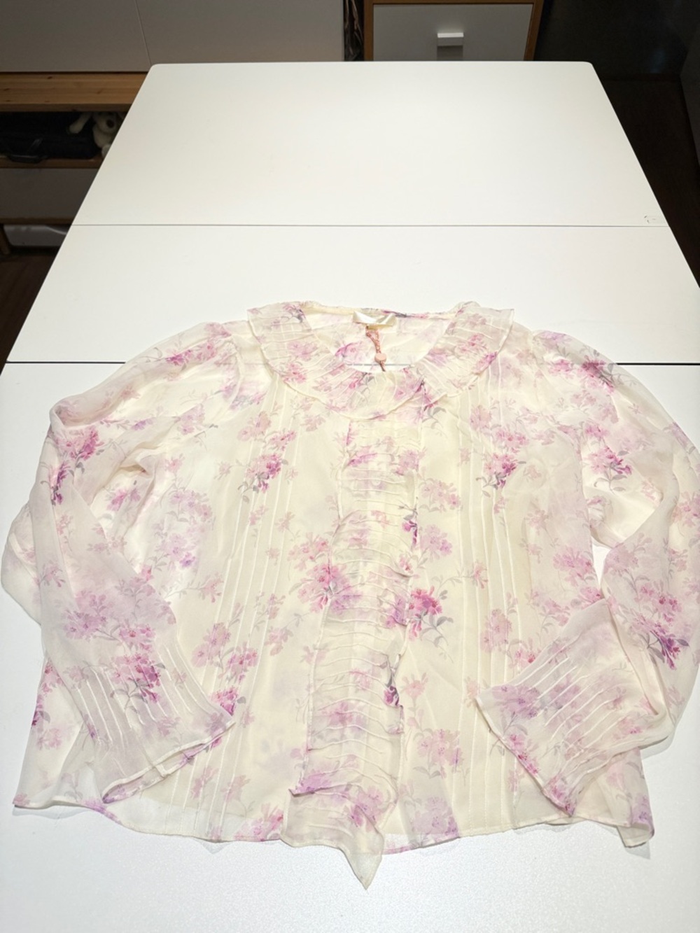 NWT LoveShackFancy Cream Sheer Blouse with Pink Floral Print, Integral Cami XL